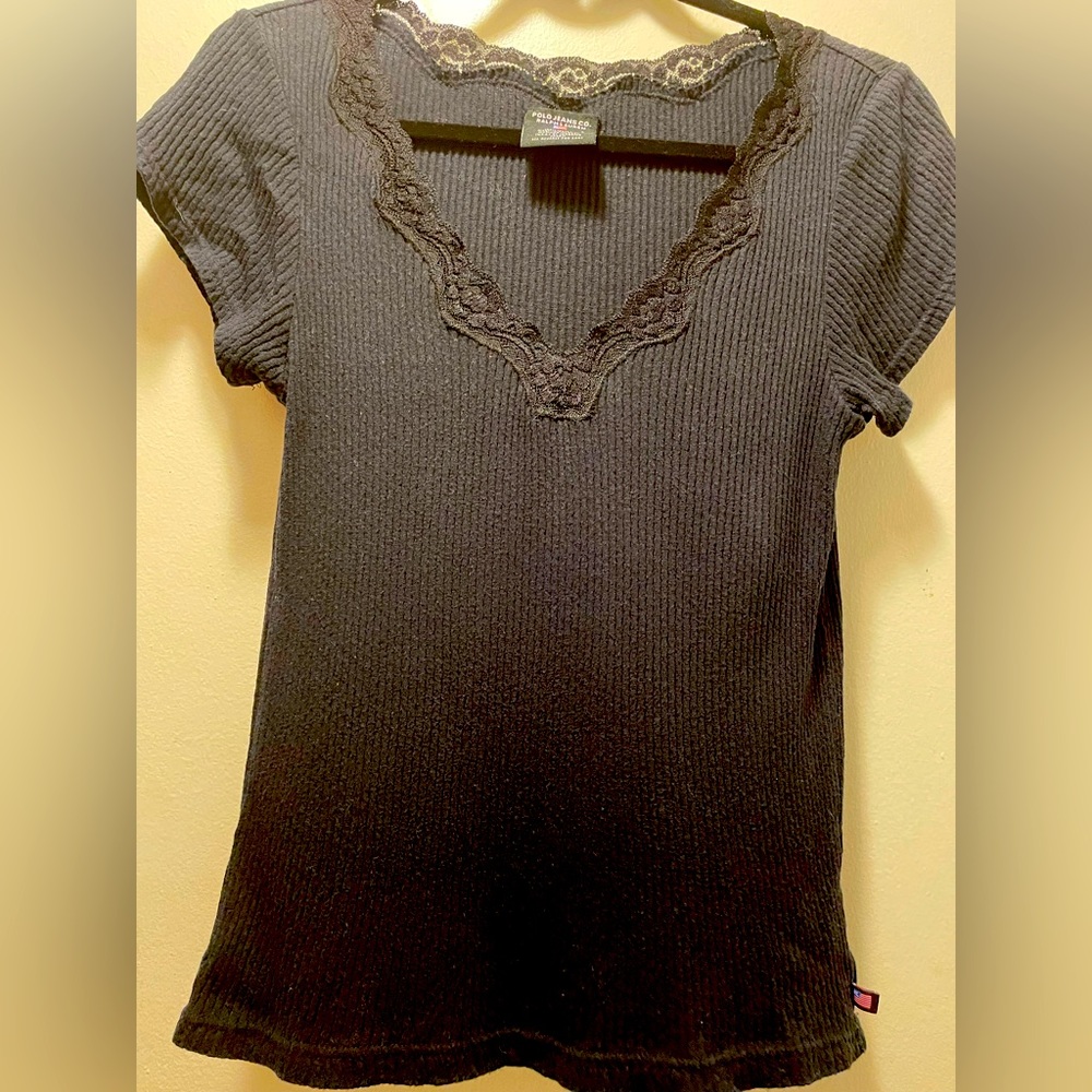 Ralph Lauren Lace Neckline Rib Knit Blouse sz L